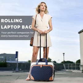 Arcoyard Rolling Laptop Bag, Rolling Briefcase for Women with Waterproof Pocket, 17.3 Inch Computer Bag, Underseat Carry On Luggage with Wheels for Work Travel Business, Lightweight Navy Blue Brown