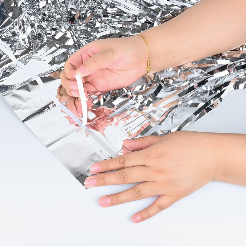 2Pcs 3.3ft x 8.2ft Tinsel Foil Curtains, Silver Metallic Foil