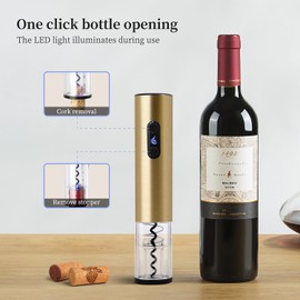 ELMWAY Battery Operated Electric Wine Opener by ELMWAY - Stainless Steel Electric Corkscrew with LED Light & Foil Cutter, Simple Push-Button Operation for Wine Lover (Gold, 4 x AA Not Included)