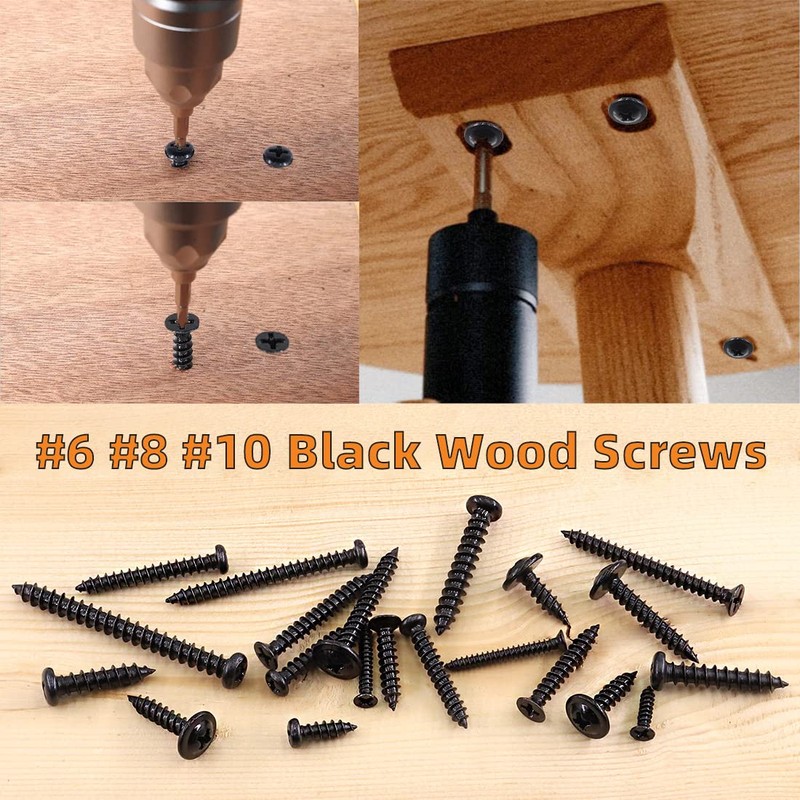 Rustark 490Pcs #6#8#10 Black Wood Screws Assortment Kit, Pan Head&Flat