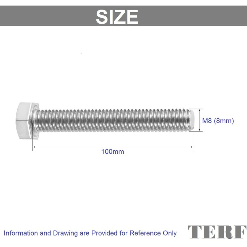 TERF® M8 X 100mm Hex Bolts Fully Threaded Set Screw