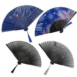 Pack of 4 Foldable Hand Fans, Folding Fans Hand Folding Fans Vintage Hand Fan Wedding with Tassel for Dance, Party, Wedding Gift (Black + Blue)