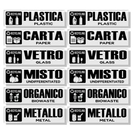 GamesMonkey® - Collecting Stickers Recycling Garbage Waste v5 - TRANSPARENT - Washable Waterproof Illustrated - Italian English - Compliant with UNI 11686 (15x4 cm, 12 pieces)