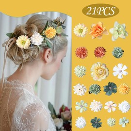 Flower Hair Clip, Pack of 21 Multicoloured Flower Hair Clips, Artificial Blossom Hair Clip, Flower Hair Accessories for Party, Beach, Wedding, Event Decoration (Yellow Green)