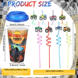 Yungyan 36 Sets Monster Truck Party Favors Goodie Cups with Lids and Straws for Birthday Decorations Reusable 16oz Plastic Candy Cups Plastic Straws for Birthday Party (Truck)
