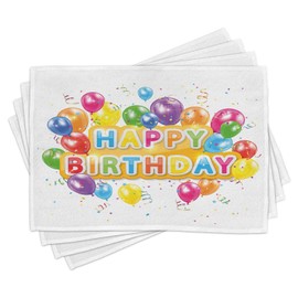 Ambesonne Birthday Place Mats Set of 4, Words Happy Celebration Vivid Balloons Rain Blithesome Happy Day, Washable Fabric Placemats for Dining Table, Standard Size, Multicolor