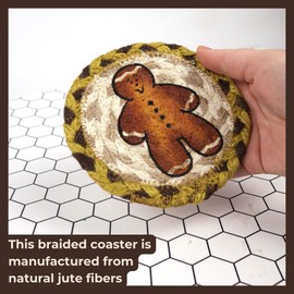 Gingerbread Man Christmas Drink Coasters, Braided Jute, Woven Coaster for Mugs and Cups, Holiday Décor, 5 Inches (Set of 2)