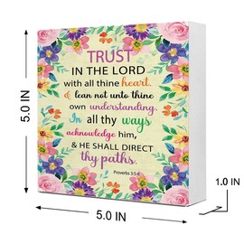 Proverbs 3:5-6 Trust in The Lord with All Your Heart Wooden Sign Desk Decor,Bible Verse Wood Block Sign Desk Decorations for Christian Home Bedroom Girls Room Office Shelf Table Decor