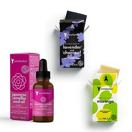 Extraherbos Kit Antiacné 3-en-1 - Aceite de Camelia, Jabón de Carbón y Lavanda, Jabón de Moringa, 3 pzas
