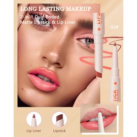 2 in 1 Creme Matt Lippenstift, Doppelendiger Langanhaltend Wasserfest Nude-Rosa Lipliner & Lipstick, Glatte und Leichte Textur, Hochpigmentiert Non-Stick Cup Wischfest Lippenstift Makeup für Frauen-02