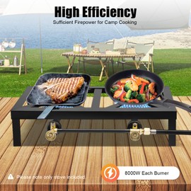 8000W Double Burner Outdoor Gas Stove Propane BBQ Cooker with Adjustable 0-20Psi Regulator Hose, Portable Cast Iron Stove for Outdoor Camping Barbecue Hiking Garden Terrace, Black
