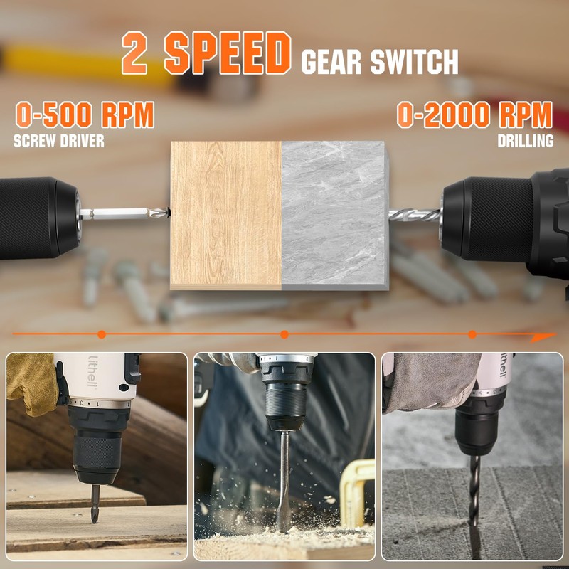 Litheli 20V Cordless Drill Driver, Brushless Power Drill with 2