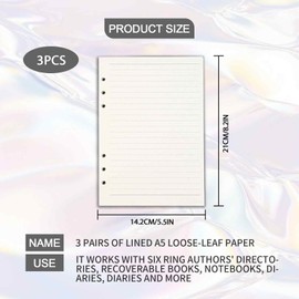PLATEYTR 135 Sheets A5 Lined Paper, 6 Holes A5 Refill Paper, Refillable Refill Paper Refill Inserts for A5 Notebook, Diary, Sketch, Painting (3 Packs)