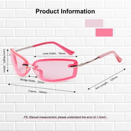 Rectangle Y2k Sunglasses Women Men 90s Retro Wrap Around Festival Rimless Pink Tinted Lenses Trendy Fashion Designer Sun Glasses for Gift Party