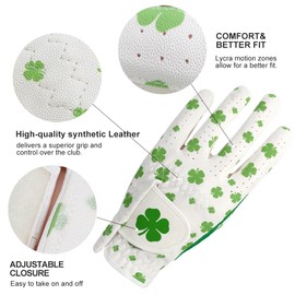 GOLTERS Womens Golf Gloves Left Hand Clover Ladies Golf Gloves with Adjustable Strap Synthetic Leather Lycra Fiber Worn On Left Hand (White, Medium)
