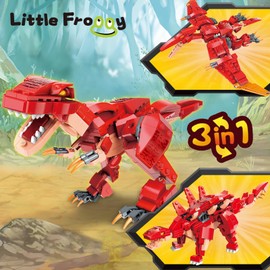LITTLE FROGGY - Juguete de dinosaurios 3 en 1 con T-Rex Pterodáctilo, Stegosaurus, juego de construcción STEM para niños, gran regalo para niños y niñas de 6, 7, 8, 9, 10, 11, 12 años, compatible con