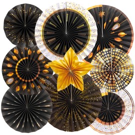 New Year Decorations 2025 Black and Gold Party Decorations New Year Hanging Paper Fans Black and Gold Party Wall Decoration Set for New Year Classroom Birthday Indoor Decor