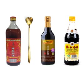 Shaohsing (shaoxing) Rice Cooking Seasoning 750ml, Premium Dark Soy Sauce, Gold Plum Chikiang Vinegar Plus Golden Heart Long Handle Spoon