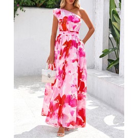 BTFBM Women Summer One Shoulder Floral Wedding Guest Dresses Sleeveless Smocked Ruffle Flowy Beach Vacation Maxi Dress(Big Floral Red White, X-Large)