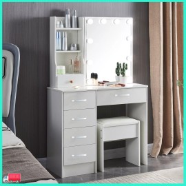 Yamissi Led Lighted Sliding Mirror Vanity Set 6 Drawers Stool Makeup Dressing Table Desk