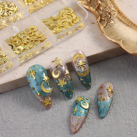 Gold Star Nail Charms and Gems Moon Nail Rhinestones Flat Back Nail Jewelry Multi Shape Stars Nail Art Charms Star Moon Nail Art Rhinestones for Women Nail Decoration Crafts Jewel Accessories 6 Grids