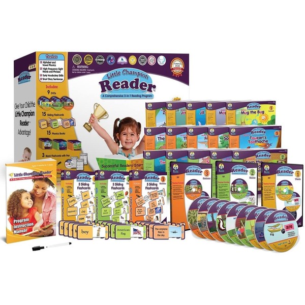 Early Reading Program for Baby, Toddler, Preschool, Kindergarten- Alphabet, Vowel Phonics & 200+ Sight Words - Little Champion Reader 9 DVD, Flash Card, Book Kit