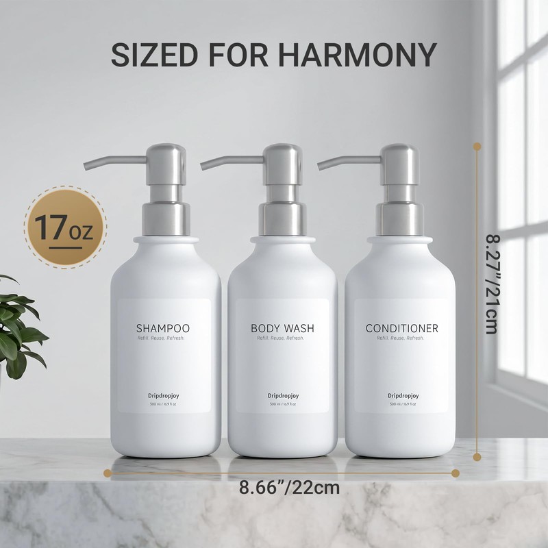Modern Shampoo and Conditioner Dispenser Set of 3, 17oz Refillable