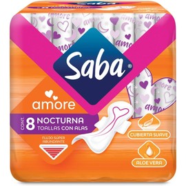 Saba Toallas Sanitarias para Dama Amore Flujo Super Abundante, color Morado/Naranja