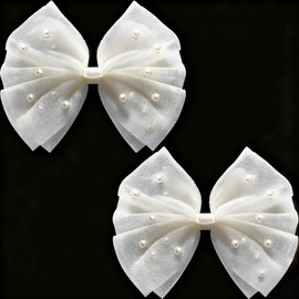 2pcs White Veil Pearl Bow Hair Clip, Non-Slip Hair Bows Clips for Women, Small Vintage Bowknot Barrettes for Wedding Halloween Chirsmas Thanksgiving