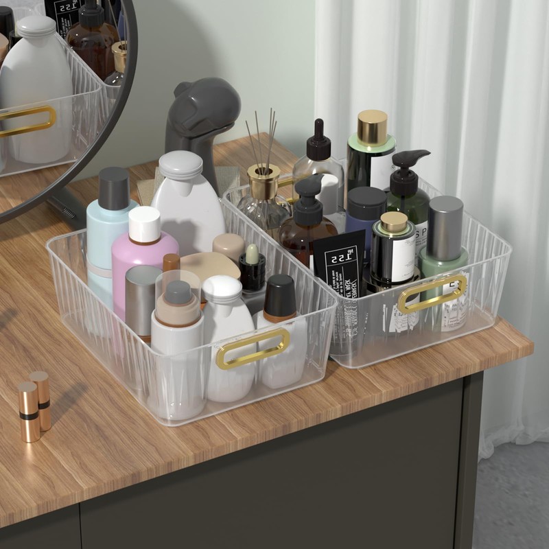 Wakikini Plastic Clear Pantry Storage Basket, Fridge Organizer Bins, 4-Pack