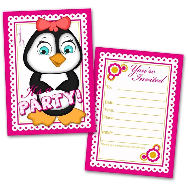 Party Invitation Cards, 20 Cards with 20 Envelopes, Girl Penguin Themed, Flat Style, Colorful Design, Birthday Invitations, Party Invitations, Invitation Card, Birthday Party Invitations