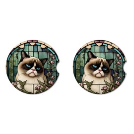 BeeGogo 2 Pack 2.56" Ceramic Car Coasters for Cup Holders with Cork Back and Finger Slot (Cute Cat)