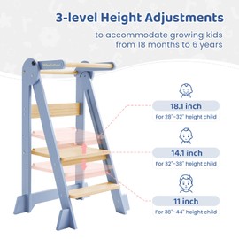 WeeGuruu Foldable Kitchen Tower, Height Adjustable Standing Tower for Toddlers Learning New Skills, Wooden Kids Kitchen Stool Helper with Safety Rails- Ages 18 Months to 6 Years