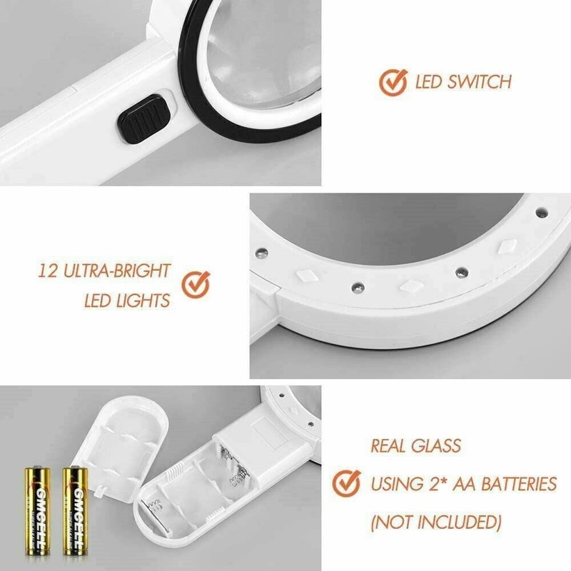 30X Handheld Magnifying Glass with 12 LED Lights, 12 LED