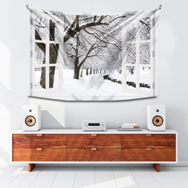 Tucocoo Winter Snow View Tapestry Forest Natural Scenery Window Scene Aesthetic Wall Tapestries for Bedroom Living Room Decor Trees in Snowy Jungle Picture Nature Tapestry Wall Hangings (60x80 inch)