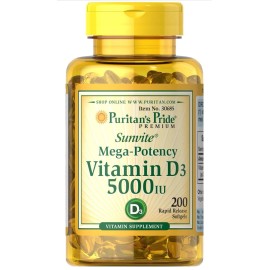 Puritan’s Pride Mega-Potencia Vitamina D3 5000 UI 125mcg 200 Cápsulas Blandas