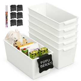 Plastic Storage Bins 6 Pack with Clip Labels & Chalk Marker, Front Handle Design, 11"x5" Pantry Organization and Storage Open Top Baskets for Shelves Closet Cabinet Sink Counter Cupboard Drawer Rridge
