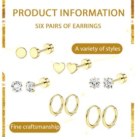 JEYORZY 6 Pairs of Earrings Gold Set, Piercing Earrings, Cubic Zirconia Round Stud Earrings, Hypoallergenic Cartilage Huggie Hoop Earrings, Stud Earrings & Cartilage Earring Hoop Earrings for Women