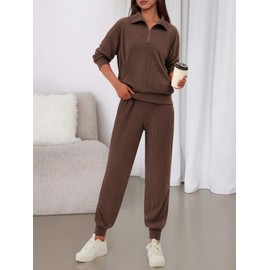 BTFBM Women's 2 Piece Tracksuit Fall Outfits 2025 Long Sleeve Half Zip Sweatshirt Sweatpants Lounge Set Sweatsuits(Solid Coffee,Medium)