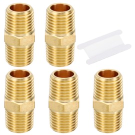 PATIKIL Brass Pipe Fittings Coupler Set, 5Pcs 1/4" x 1/4" NPT Male Thread Brass Hex Nipple Coupling Reducer Adapter Tubing Connector Adaptor with PTFE Tape for Water, Air, Oil, Gas Line