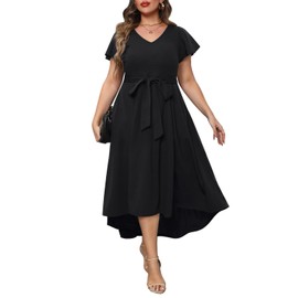 Plus Size Wedding Guest Dress Black Cockatil Party Semi Formal Maxi Long High Low V Neck Flowy Dresses with Pockets
