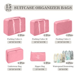 GIBOHOM PUWOWYE Suitcase Organiser Set, 15 Pieces, Waterproof Packing Cubes, Multifunctional Travel Packing Cubes, Suitcase Organiser, Packing Bags for Suitcases, Travel Organiser Set with Clothes