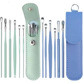 Voitead 12 Pcs Stainless Steel Ear Pick Kit with Leather Box Blue/Green
