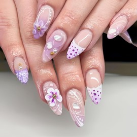 24Pcs Flower Press on Nails Embossed 5D Medium Almond Fake Nails Hibiscus Flower Purple French Tip False Nails White Gold Pearl Nail Charms Artificial Nails Shiny Acrylic Nails for Women and Girls