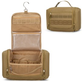 Prokva Tactical Toiletry Travel Bag for Men, Hanging Dopp Kit Hygiene Bag Shower Organizer with Hook for Toiletries and Shaving Care, Khaki (Empty Bag)