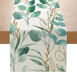 LOZULO Green Gold Eucalyptus Spring Table Runner 40 x 140 cm, Outdoor Table Runner Weatherproof Summer Table Runner Washable Natural Country House Style Decorative Table Runner Outdoor Party