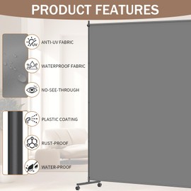 VAMFUTRE Height Adjustable Single Panel Room Divider/Privacy Screen with Caster Wheels and Brakes - Stylish and Versatile Partition for Home,Office,School and Restaurant Spaces (Gray, 6FT*6FT)