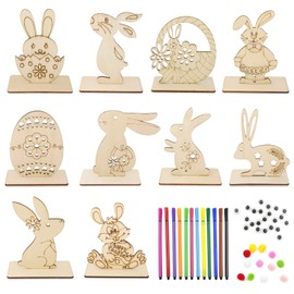 Wooden Rabbits for Painting, Easter Crafts Wood, DIY Easter Bunny Decoration, Pack of 12 Easter Bunny, Wooden Chicken, Wooden Eggs, with Colourful Mini Pompoms, Googly Eyes, Craft Set Easter Children