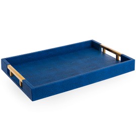 Modern Elegant 17.5”x12” Rectangle Navy Blue Faux Leather Shagreen Decorative Tray Ottoman Tray Coffee Table Perfume Living Room Kitchen Serving Tray with Brass Gold Metal Handles by Home Redefined.