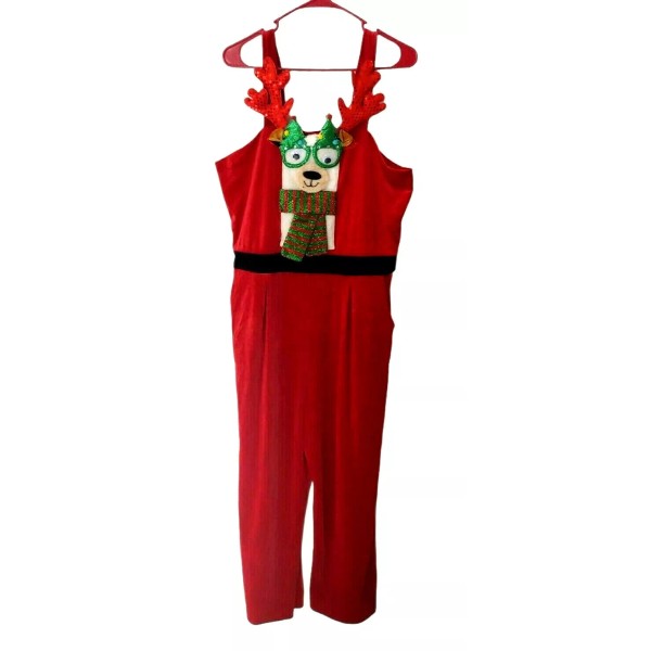 Born Famous Womens Ugly Llama Velour Jumpsuit XXL Red Green